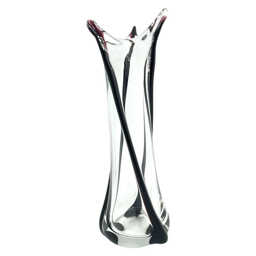 Hand Blown Vase Art Glass Amethyst Swirl Purple Clear Large Eclectic Centerpiece
